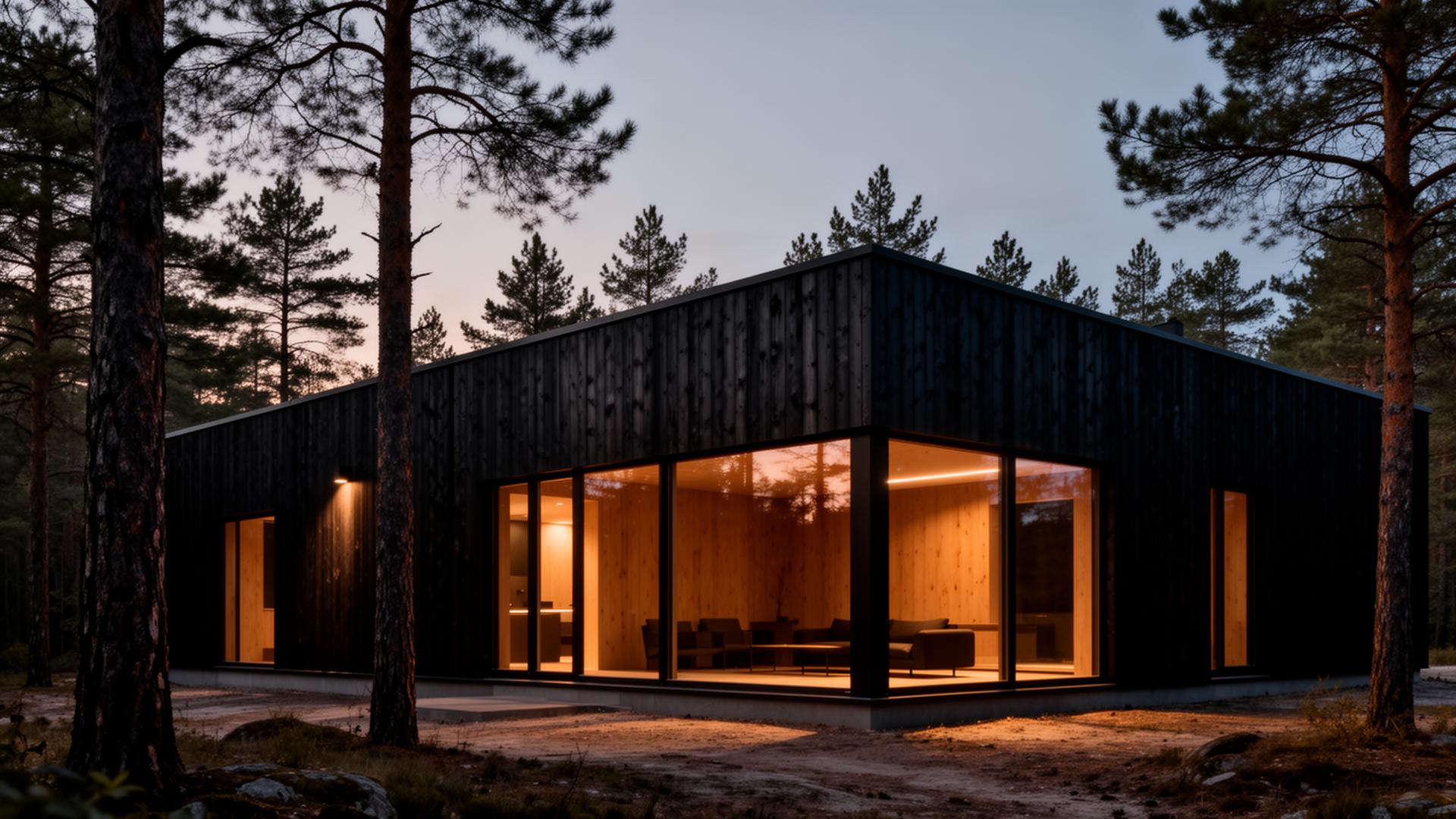 Maison contemporaine à ossature bois au crépuscule