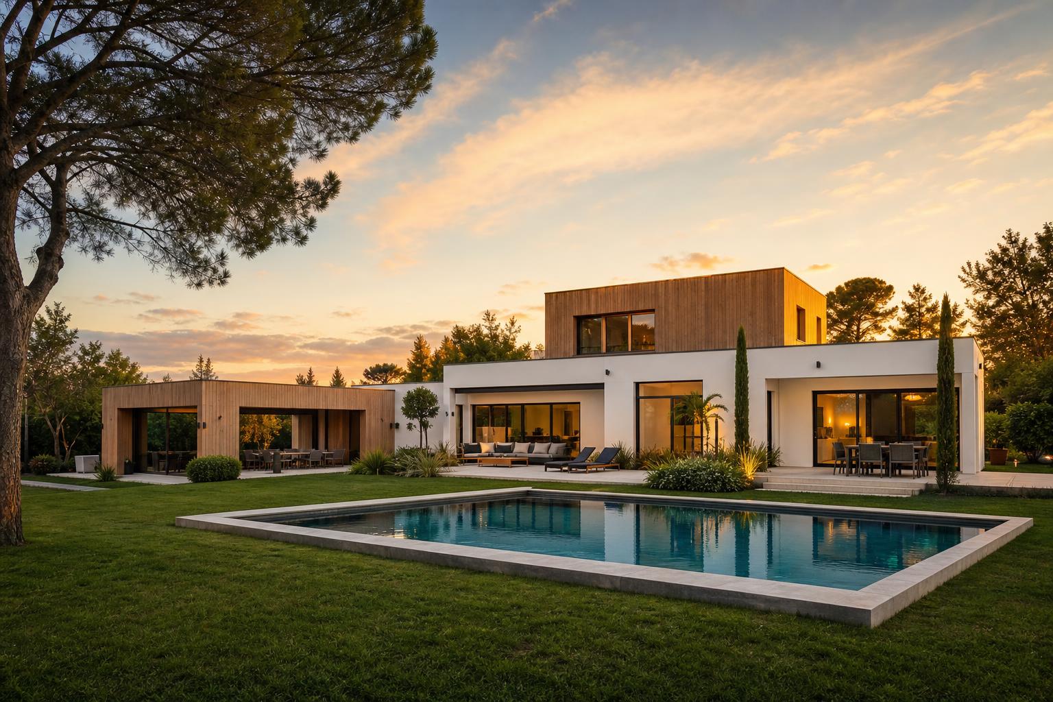 Maison contemporaine à ossature bois au crépuscule